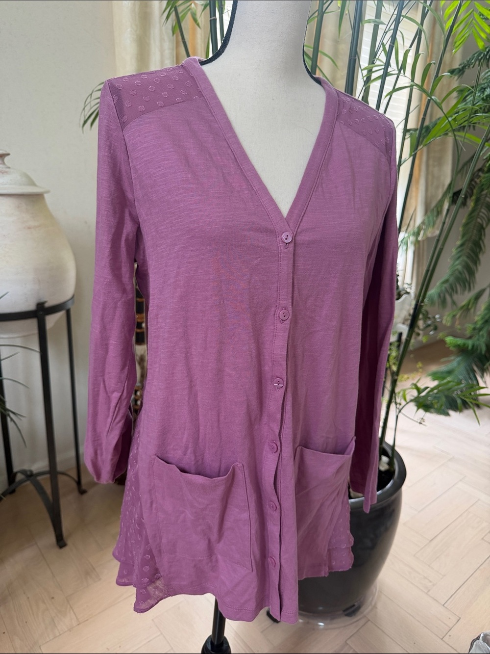 Logo Lightweight Dusty Rose Button-Front Tunic Cardigan Never Worn